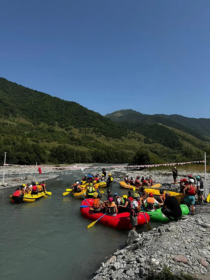 Rafts out on the wide bend of the White Aragvi at Zemo Amirni