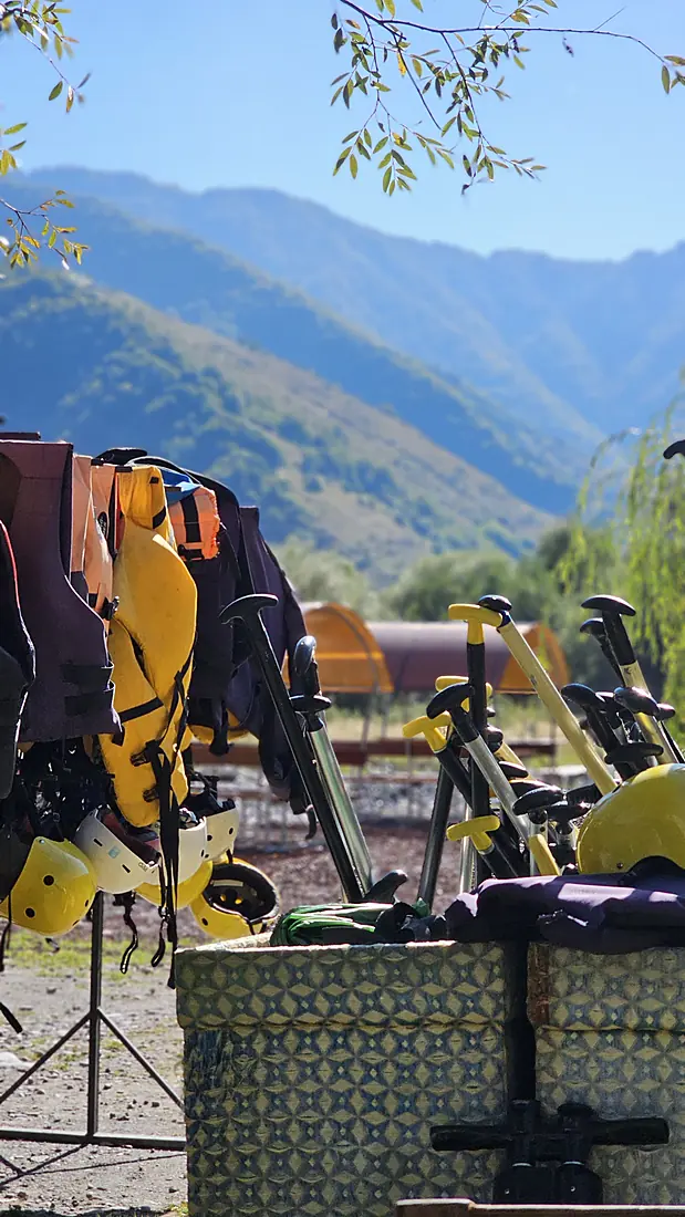Rafting gear with the White Aragvi gorge behind