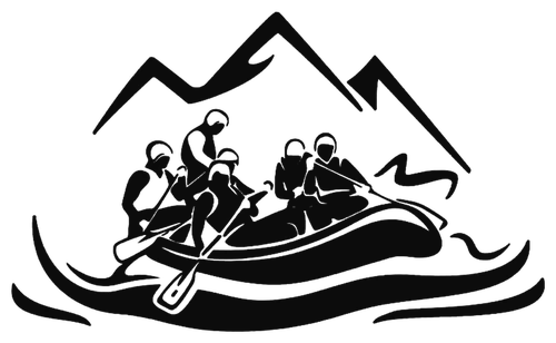 Raft in Georgia logo: raft crew below mountain peaks
