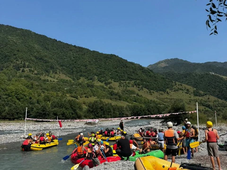 Rafts lined up on the White Aragvi riverbank at the Zemo Amirni camp
