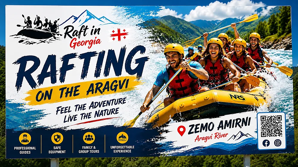 Raft in Georgia roadside banner on the Georgian Military Highway at Zemo Amirni