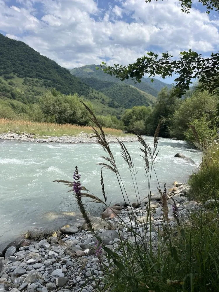 The pale snowmelt water of the White Aragvi flowing past stony banks